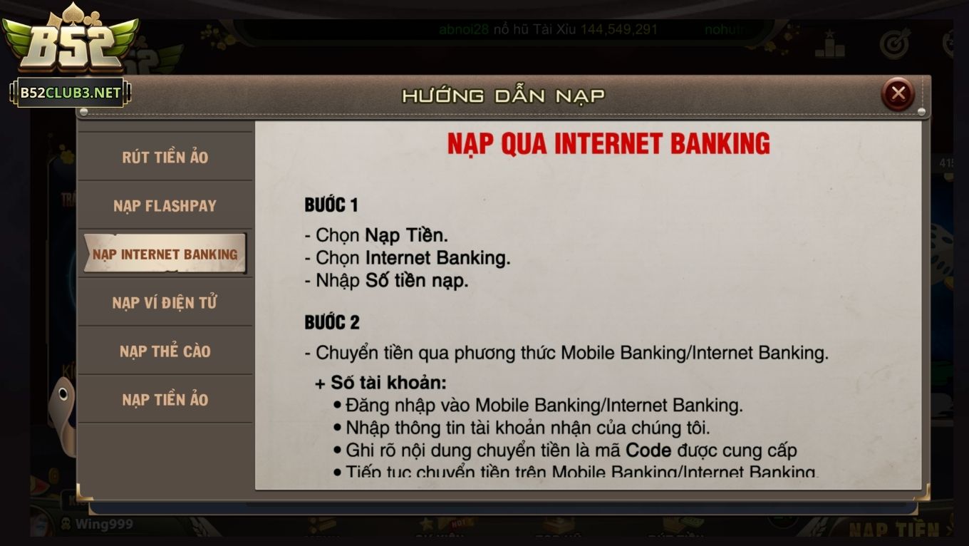 Hướng dẫn thao tác nạp tiền B52 CLUB