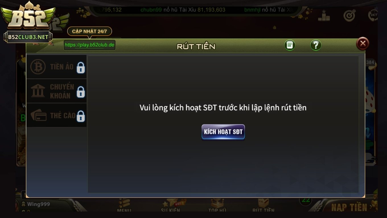 Kích hoạt số điện thoại trước khi rút tiền B52 CLUB