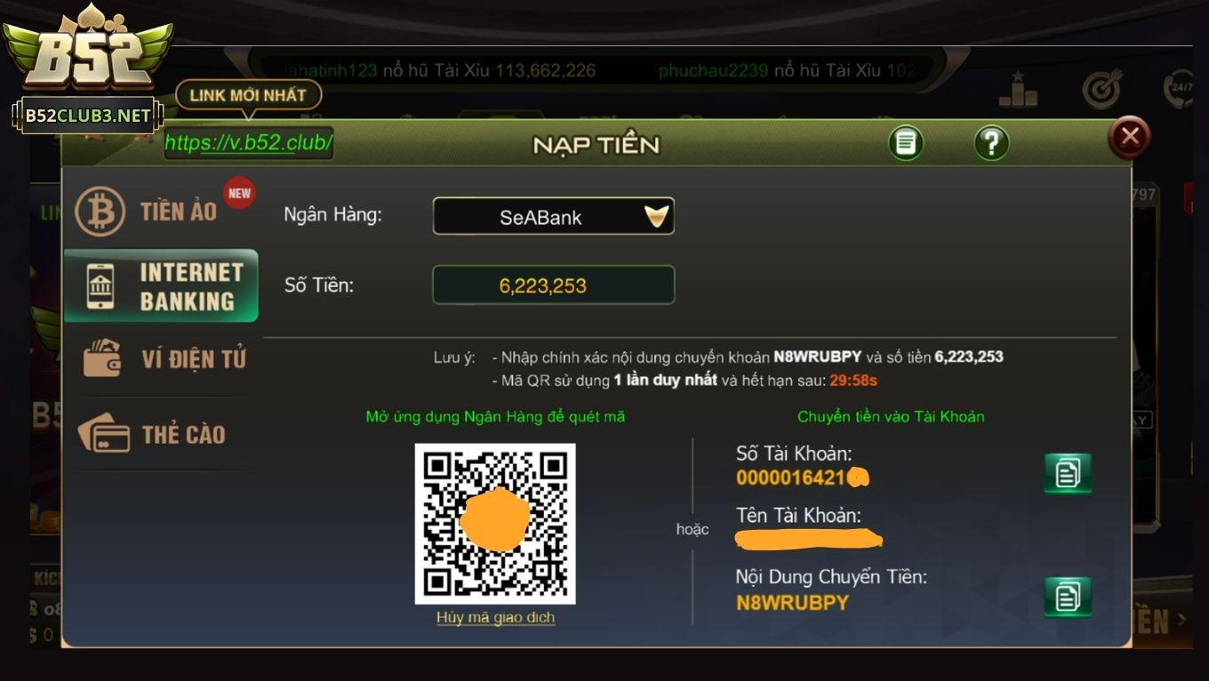 Nạp tiền B52 CLUB qua internet banking